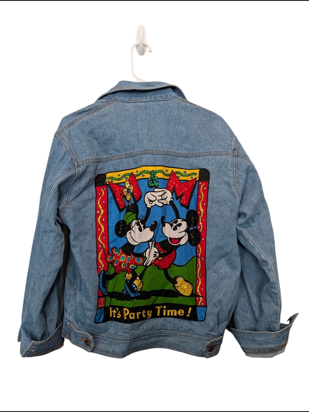 Vintage Mickey & Co Disney Denim Jacket It's Party Time Sequin Back Small 90s